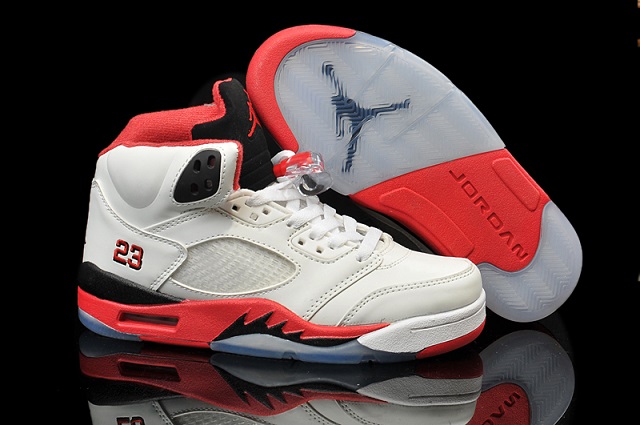 Women Air Jordan Shoes 5 White Fire Red Black - Click Image to Close